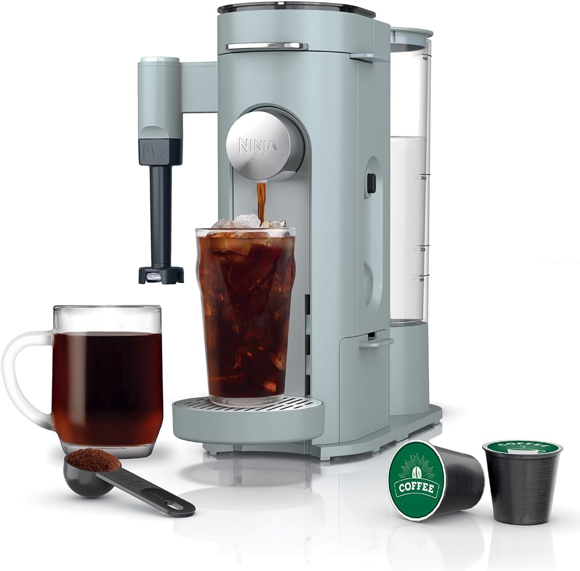 Ninja Pod & Grounds - Cafetera especializada de una sola porción, compatible con cápsulas K-Cup, prepara café molido, diseño compacto, espumador de leche incorporado, depósito de 56 oz