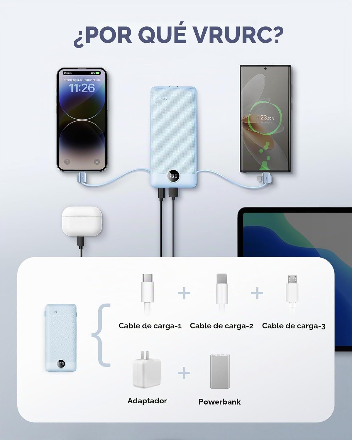 Cargador portátil VRURC, cables incorporados del banco de energía y...