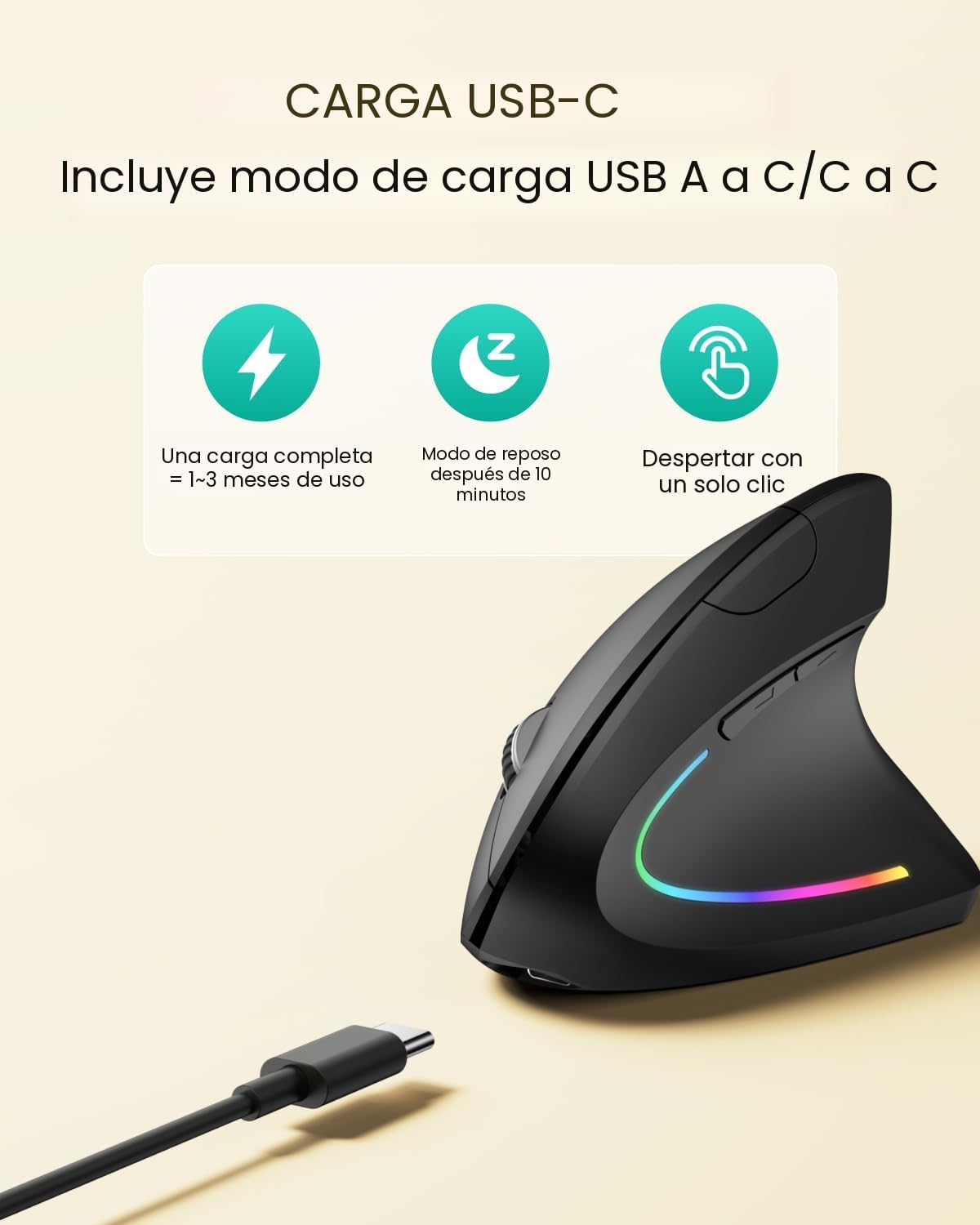 POJTK Ratón ergonómico inalámbrico recargable, conexión Bluetooth+U...