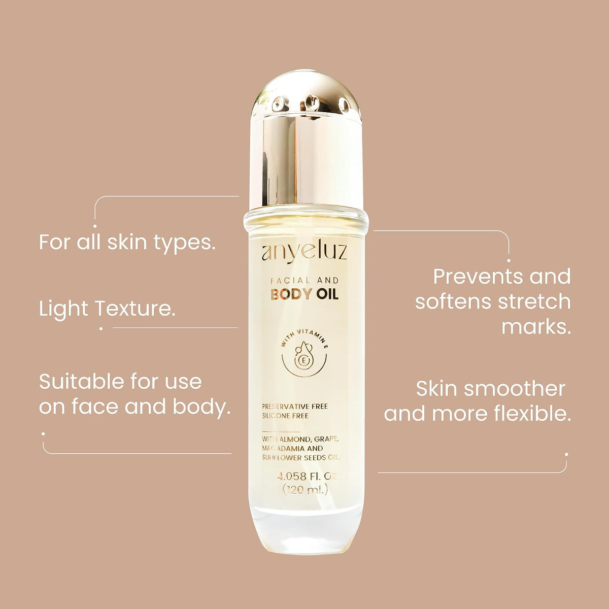 ANYELUZ Aceite Facial y Corporal con vitamina E, Fórmula antiedad d...