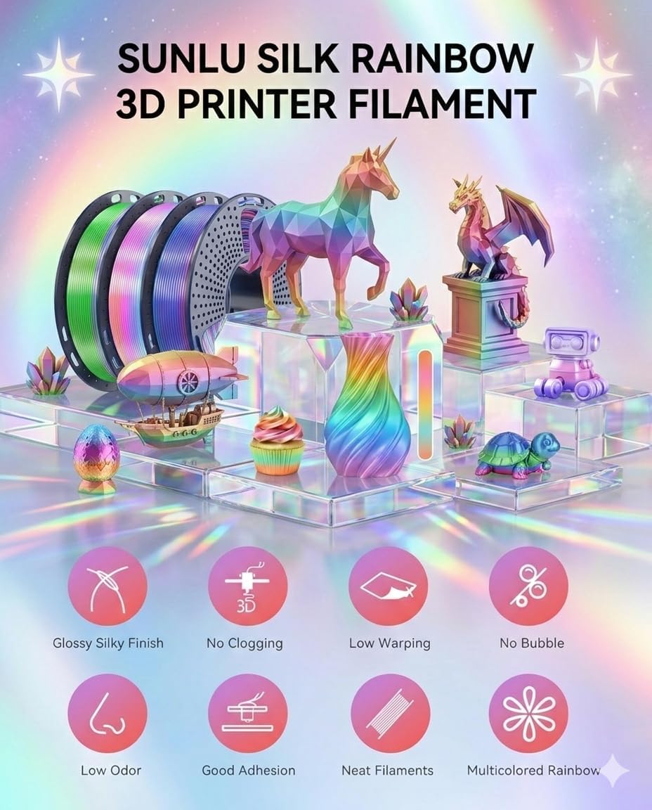 SUNLU Rainbow Silk PLA 0.07 in, paquete de carrete de 8.82 oz, fila...
