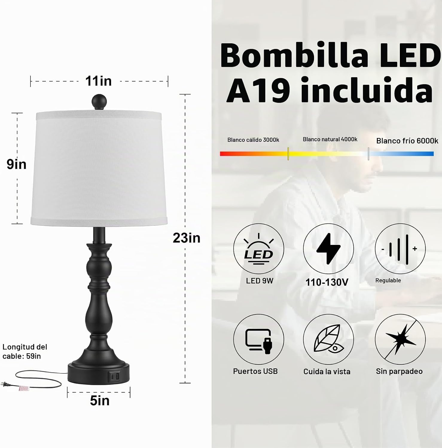 Leasgy Juego de 2 lámparas de mesa negras, lámparas negras para dor...