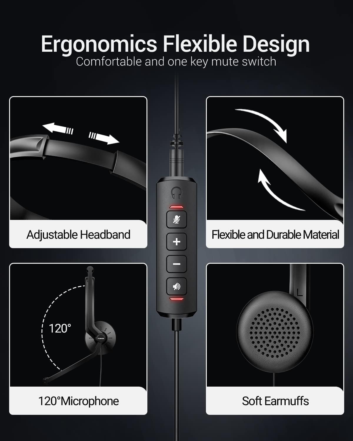 FEABASK Auriculares USB con micrófono para PC, auriculares ligeros...