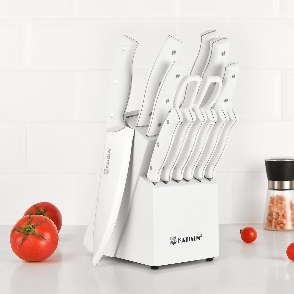 KATISUN Juego de cuchillos de cocina blancos de 15 piezas con piedr...
