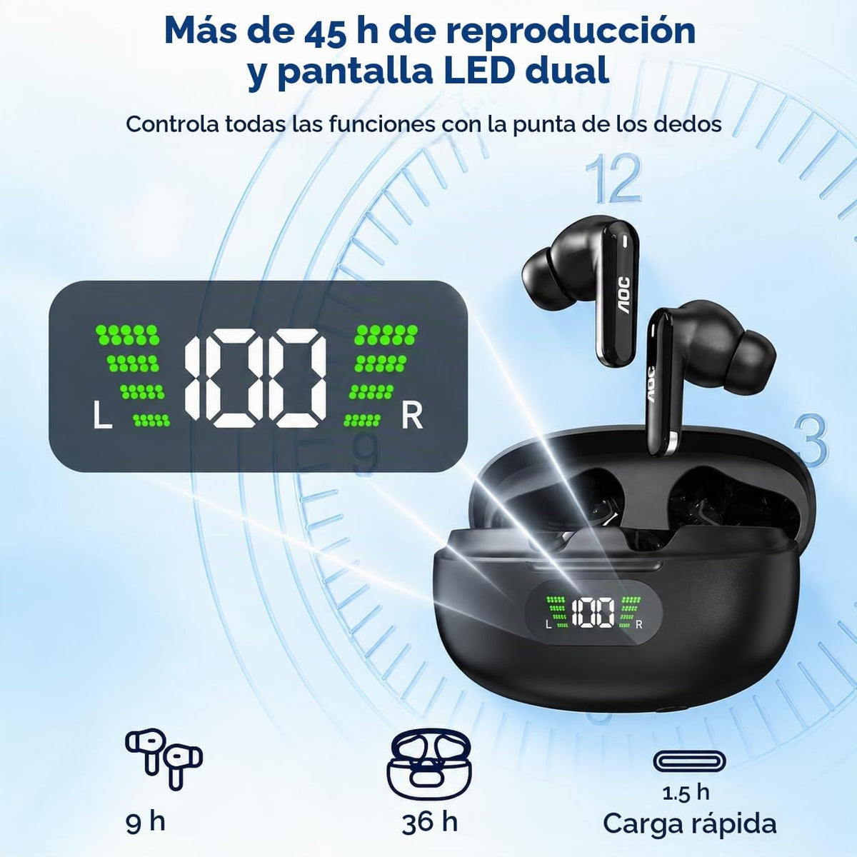 AOC Auriculares inalámbricos, auriculares Bluetooth con cancelación...