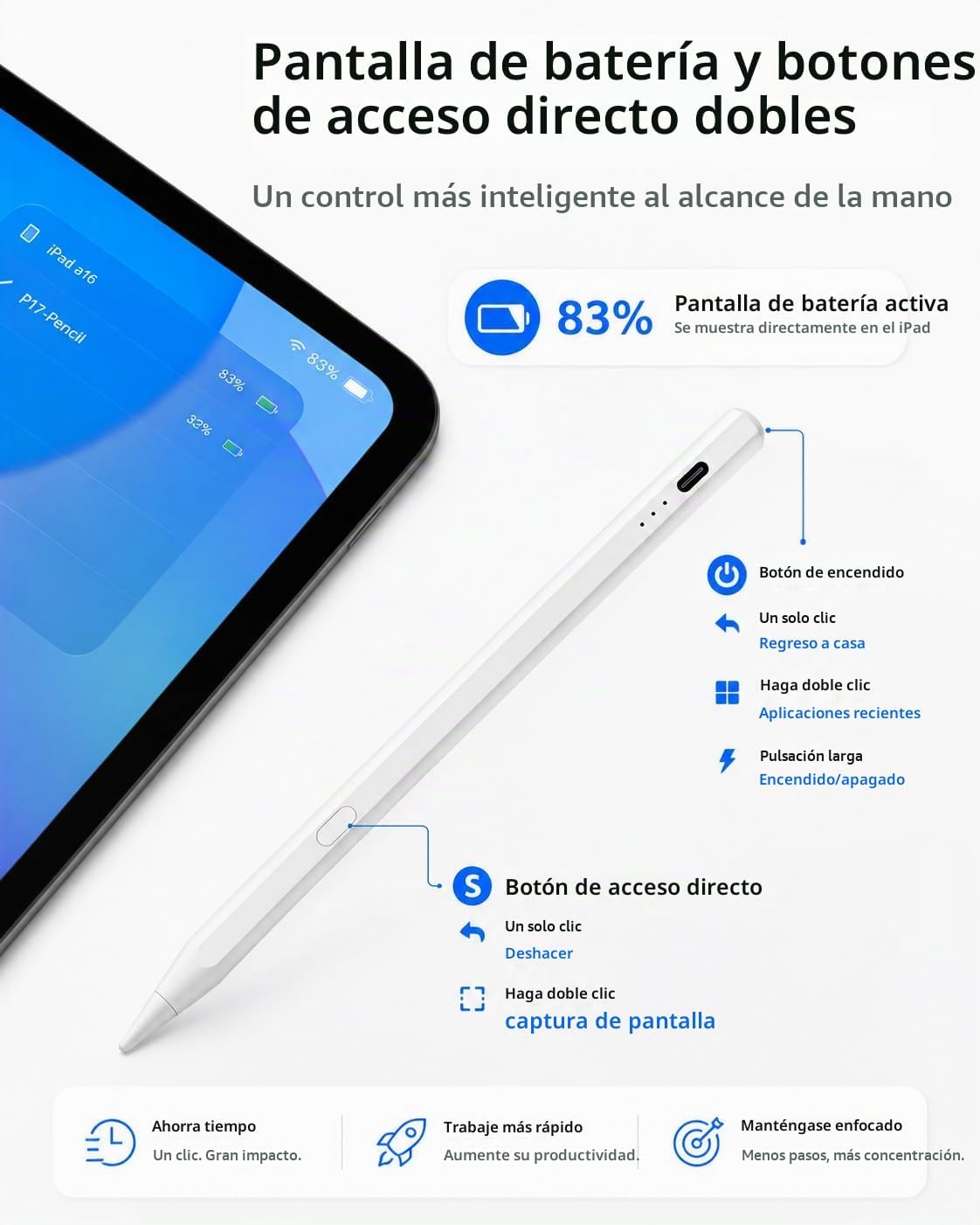 Lápiz óptico para iPad con pantalla de batería y botones de acceso...