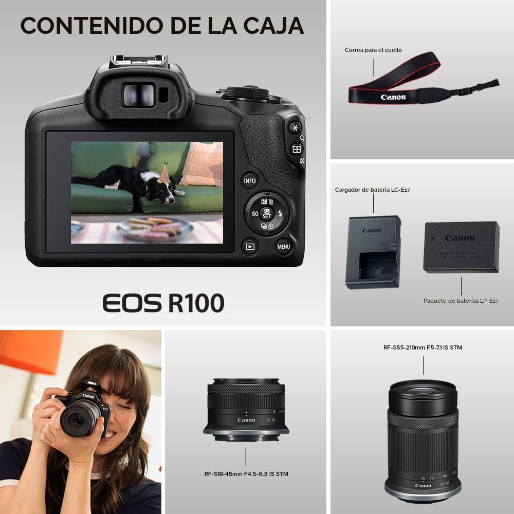 Canon Cámara sin espejo EOS R100 con lentes de 0.709-1.772 in y 2.1...