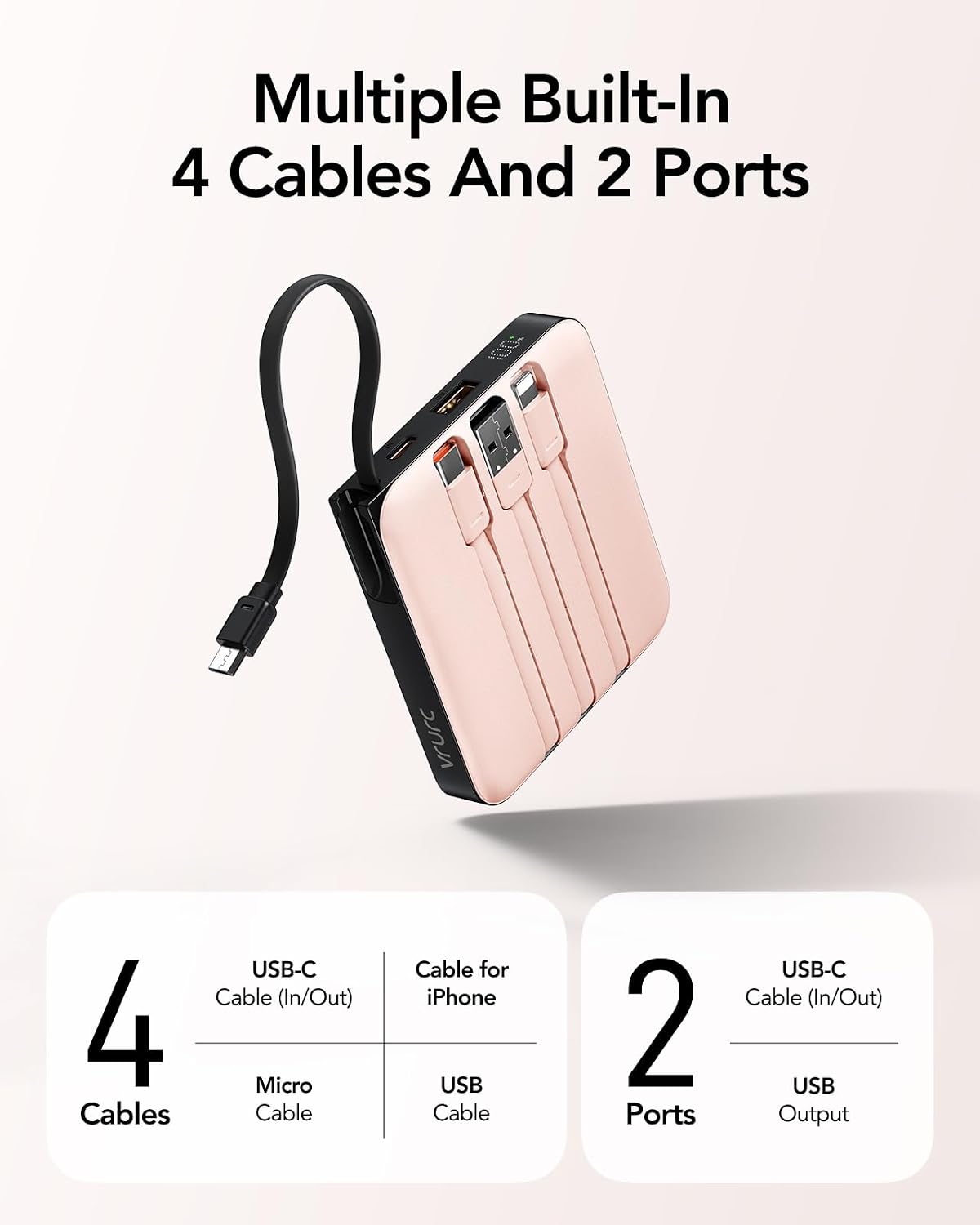 VRURC Cargador portátil para iPhone cables incorporados, banco de e...