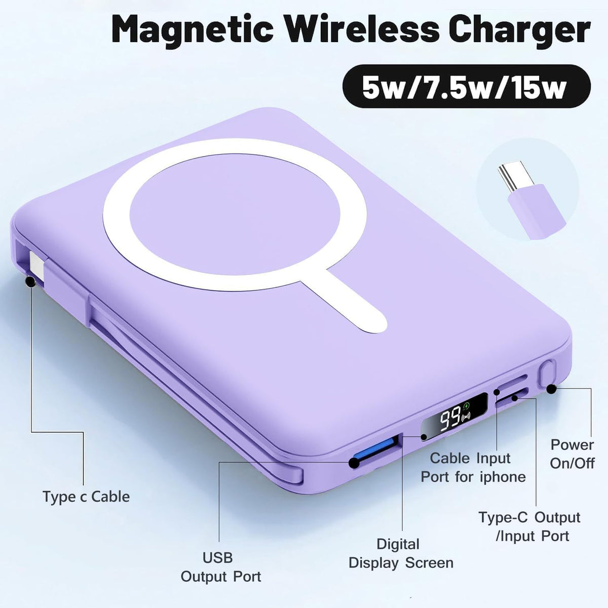 Azmuth para cargador portátil MagSafe, banco de energía magnético d...