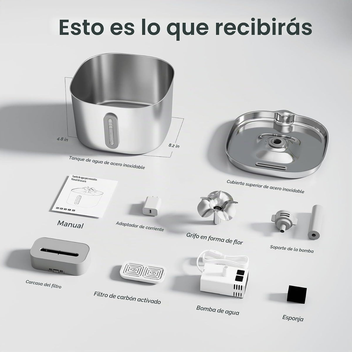 Fuente de agua para gatos de 108 oz\/3.2 L, fuente de acero inoxida...