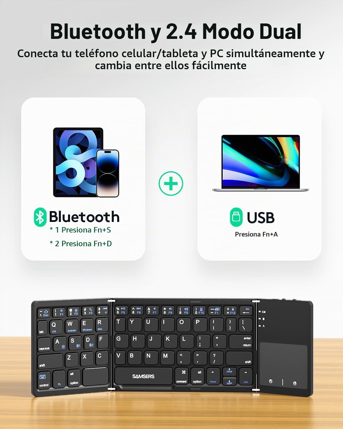 Samsers - Teclado plegable Bluetooth multidispositivo con touchpad,...