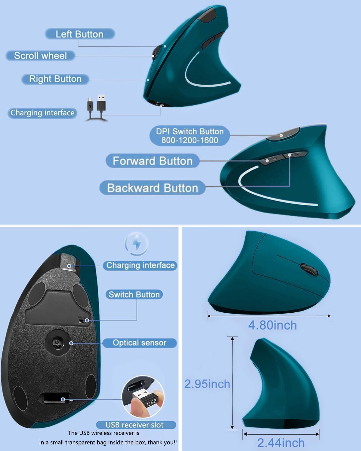 Lhome Ratón vertical inalámbrico 2.4G, Ratones ópticos ergonómicos...