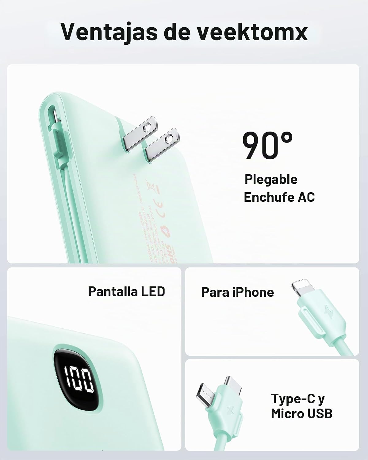 Cargador portátil VEEKTOMX de 10000 mAh con cables integrados y enc...