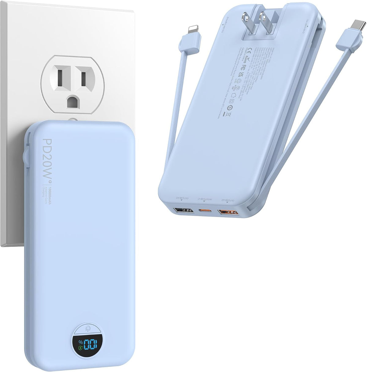 Ffnpua Cargador portátil Power Bank 10000mAh PD20W con cables incor...
