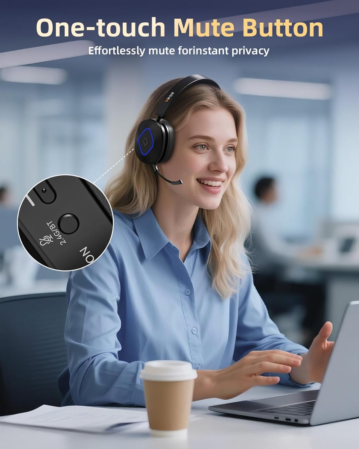 Wantek Auriculares inalámbricos con micrófono para el trabajo, auri...