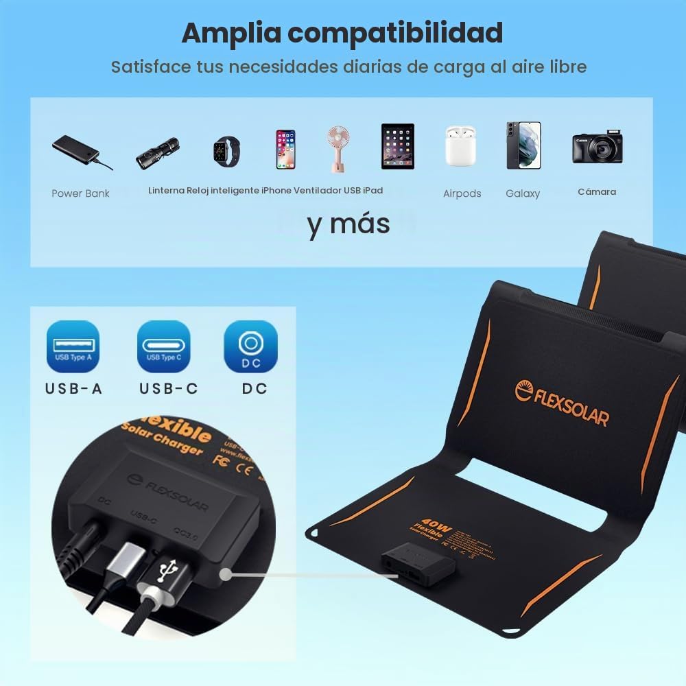 Cargador de panel solar plegable FlexSolar de 40 W, salidas USB-C,...