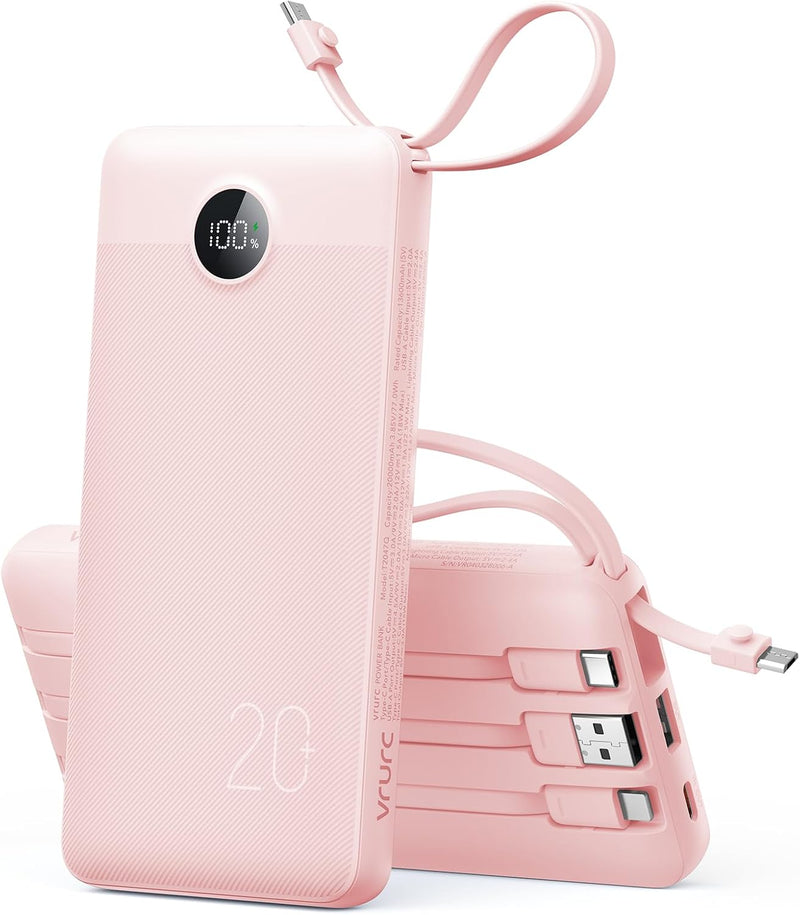 VRURC Cargador portátil 20000mAh 4-Built-in-Cable Banco de energía...