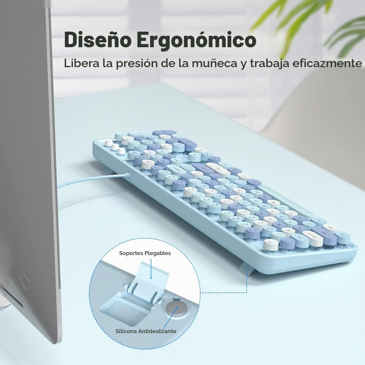 MOWUX Teclado de computadora con cable, teclado retro redondo con c...