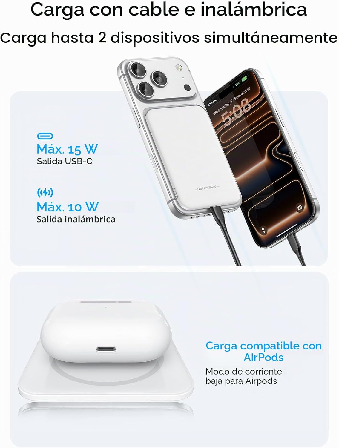 Aobbow para MagSafe Power Bank 5000mAh, cargador portátil inalámbri...