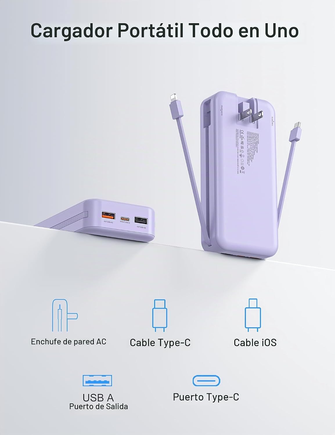 Cargador portátil Power Bank 20000mAh con cables integrados y enchu...