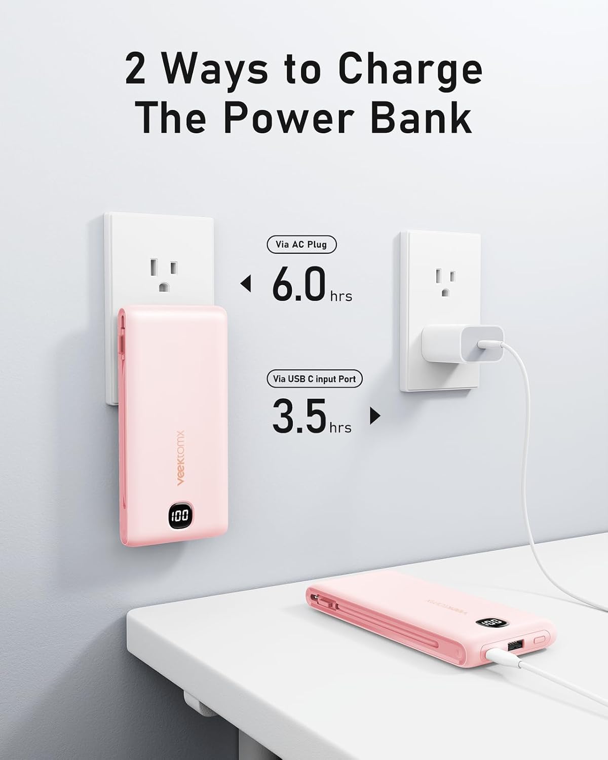 Cargador portátil VEEKTOMX de 10000 mAh con cables integrados y enc...