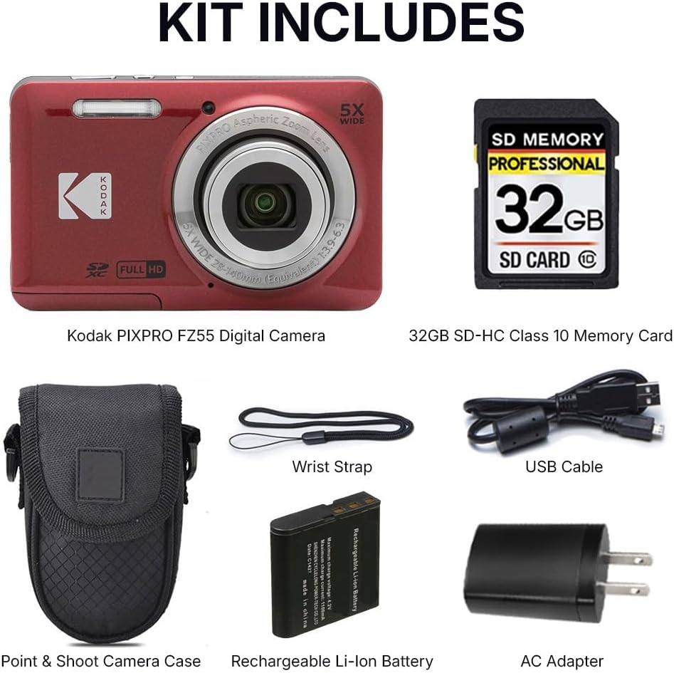 Kodak PIXPRO FZ55 - Cámara digital, color rojo, 16MP Compact Point...