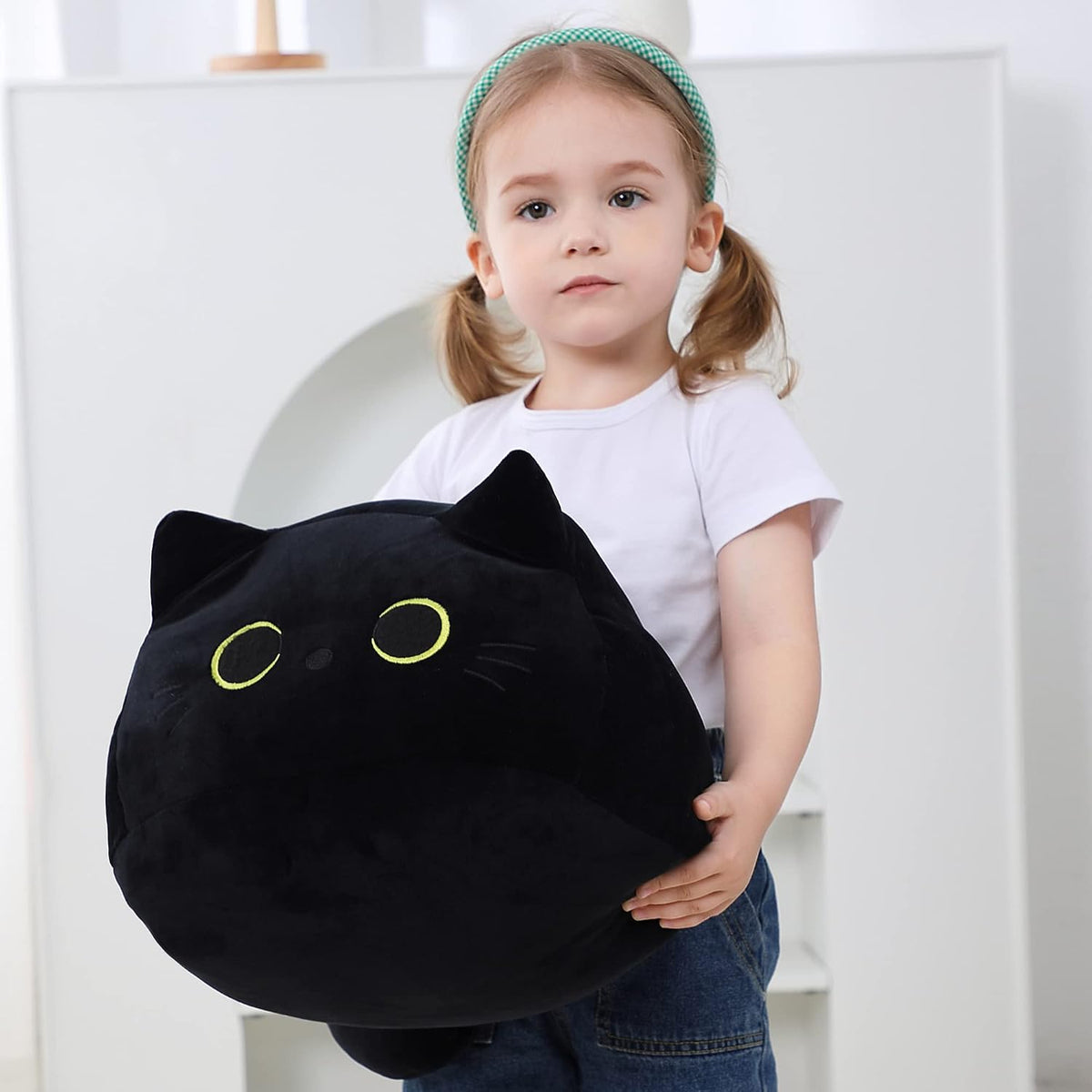 WeBingo Peluche de gato negro de 16 pulgadas, almohada de peluche d...