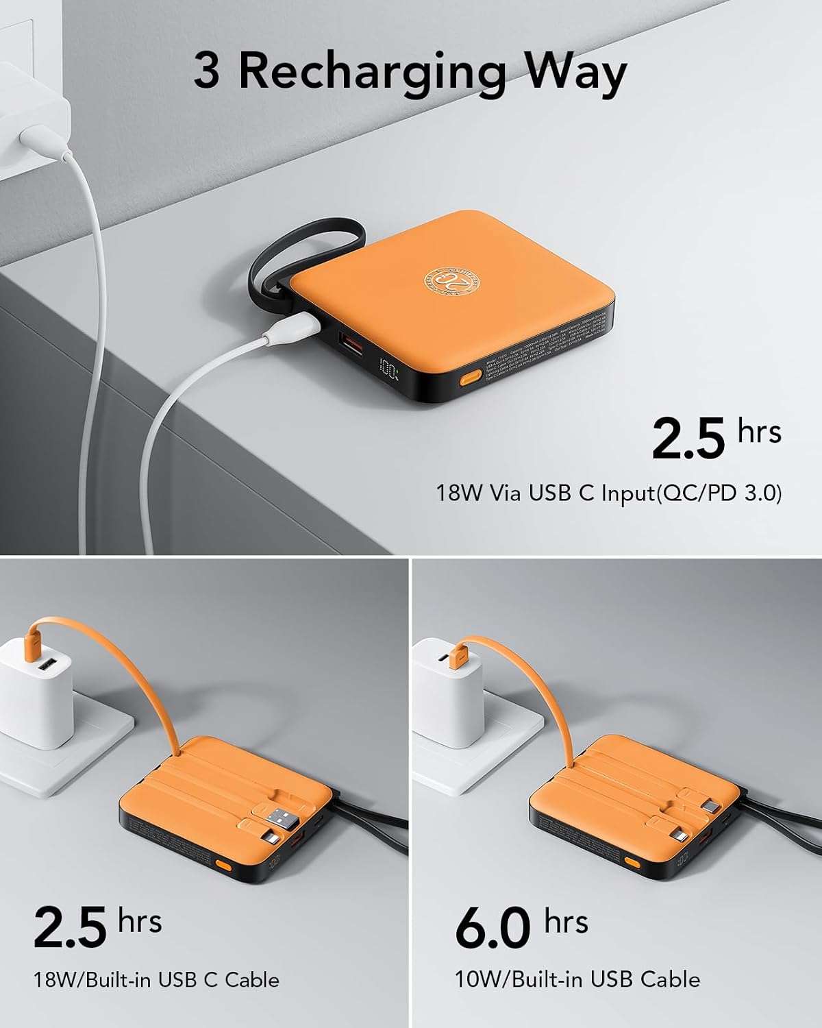 Cargador portátil cables incorporados, banco de energía de carga rá...