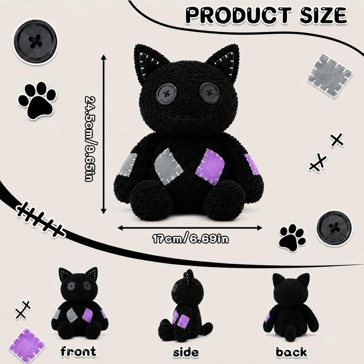 PHHKK Peluche de gato negro cosido gótico de Halloween, decoración...