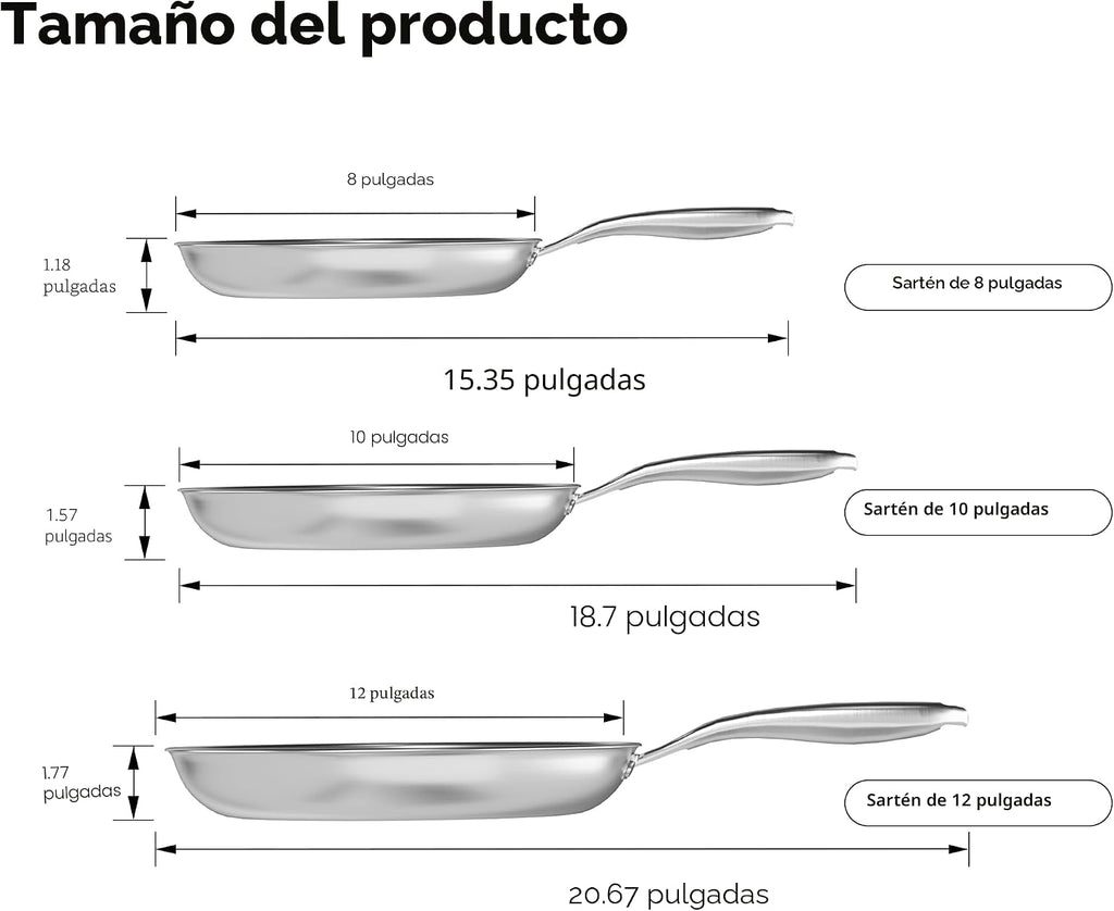 COOKER KING Juego de 3 sartenes no tóxicas (8 + 10 + 12 pulgadas),...