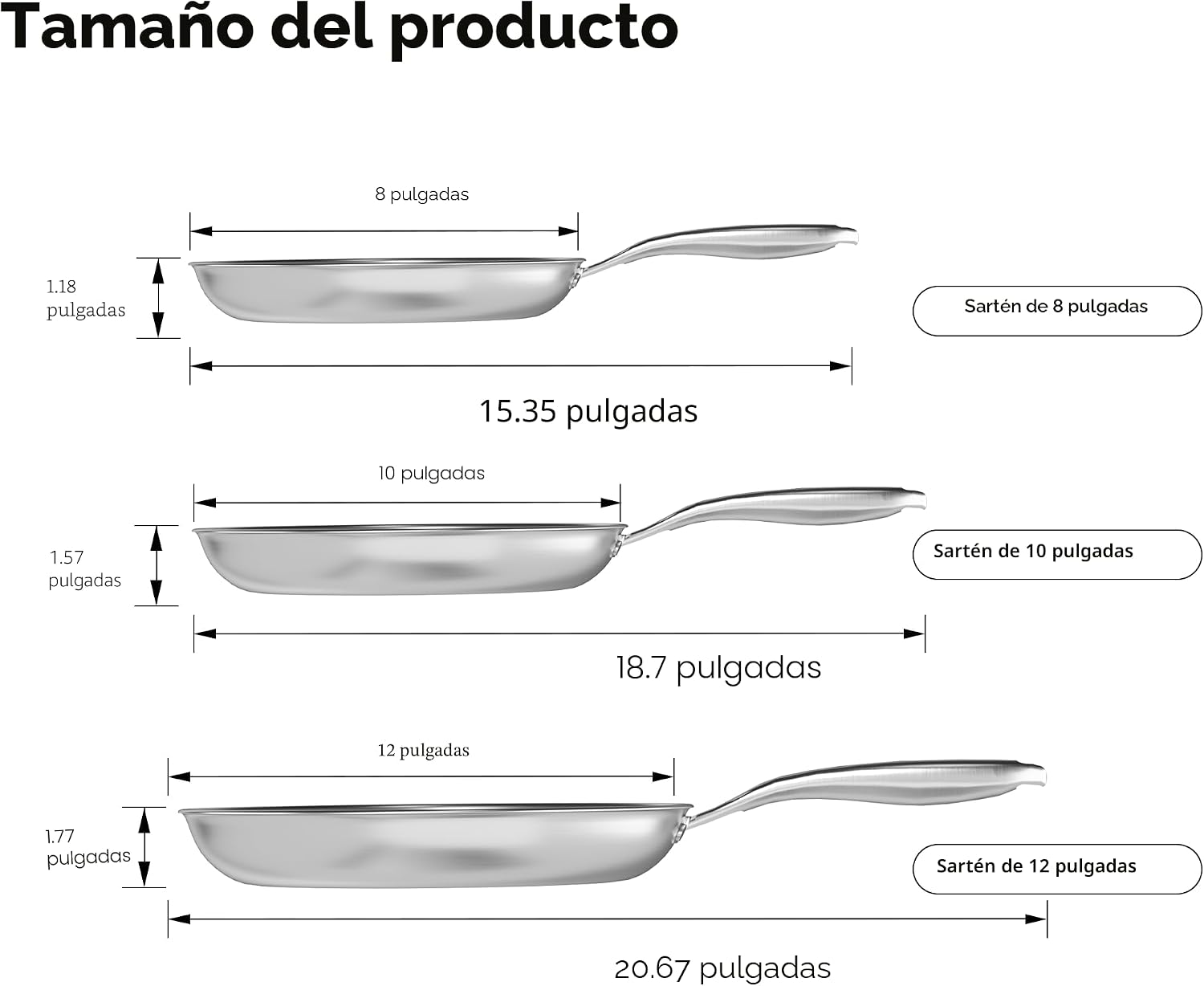 COOKER KING Juego de 3 sartenes no tóxicas (8 + 10 + 12 pulgadas),...