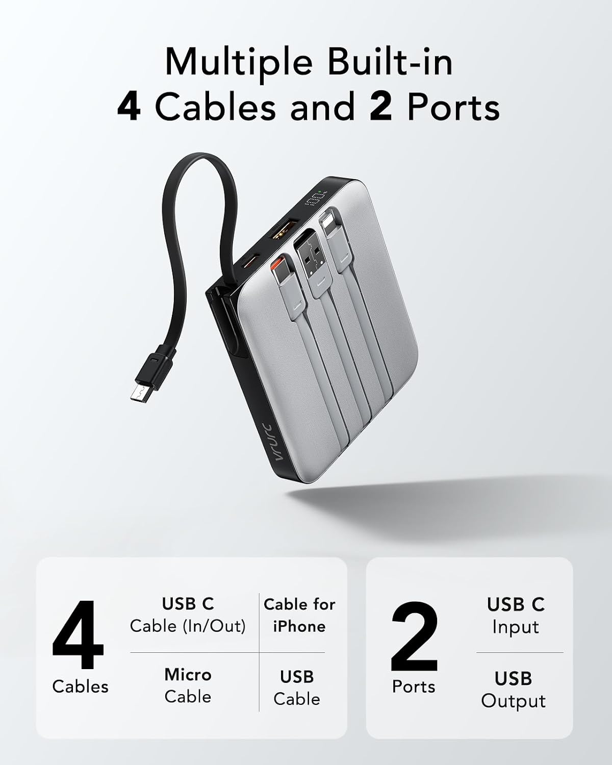 Cargador portátil VRURC con cables incorporados, carga rápida de 10...