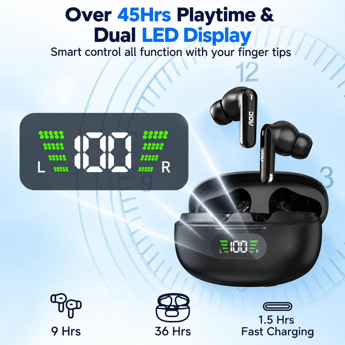 AOC Auriculares inalámbricos, auriculares Bluetooth con cancelación...