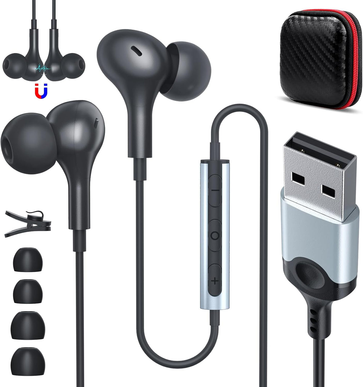 ASKUBSKU Auriculares USB con cable con micrófono para PC de 7.5 pie...