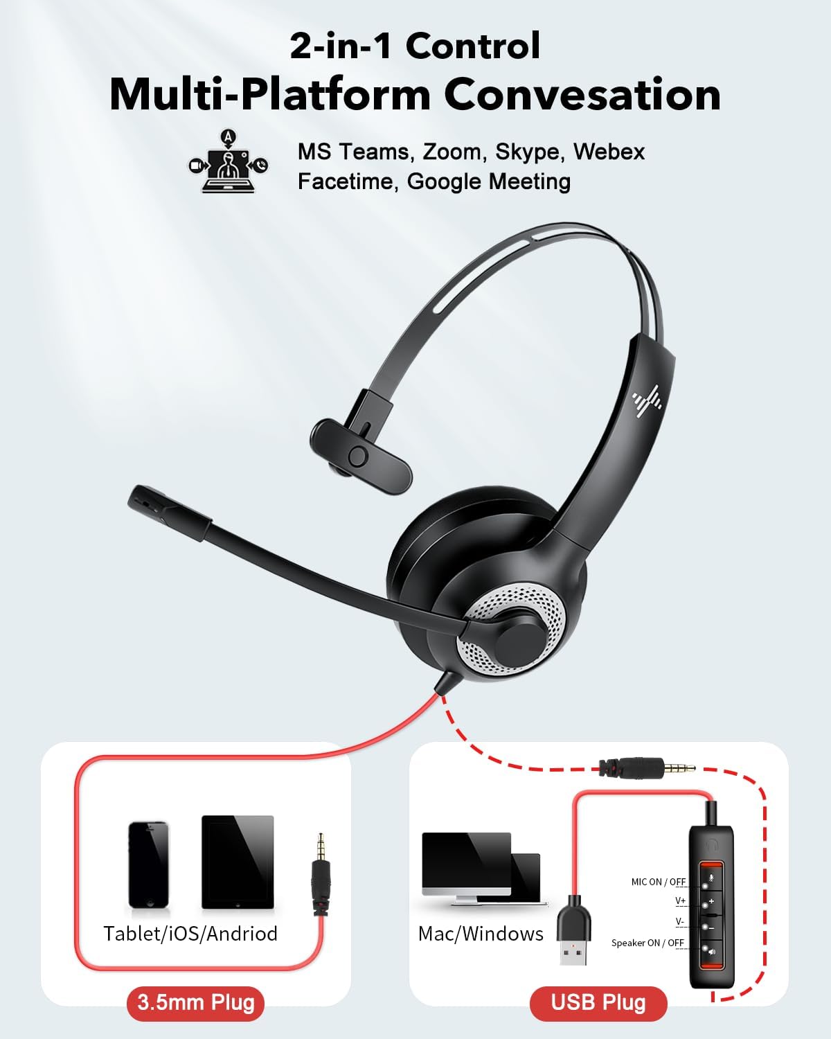 JIAMQISHI - Auriculares USB de una sola oreja con micrófono para PC...