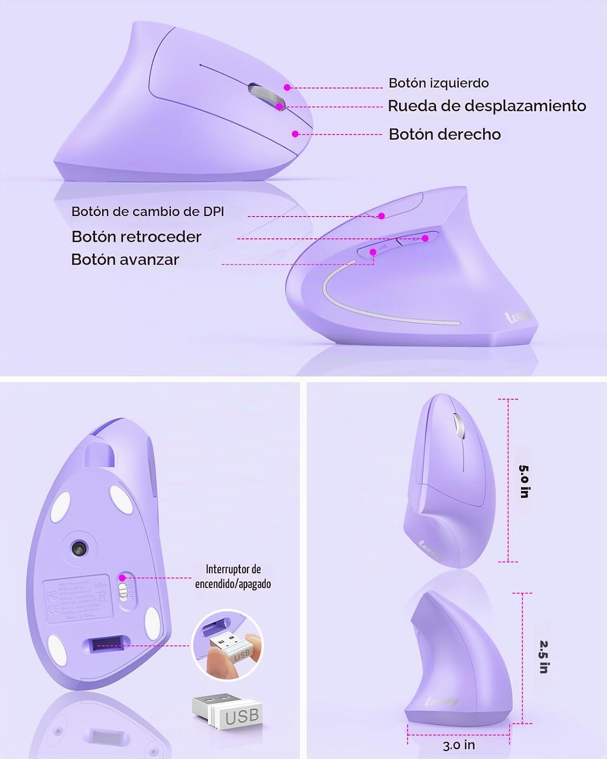 Lekvey Ratón ergonómico, ratón vertical inalámbrico recargable, mor...
