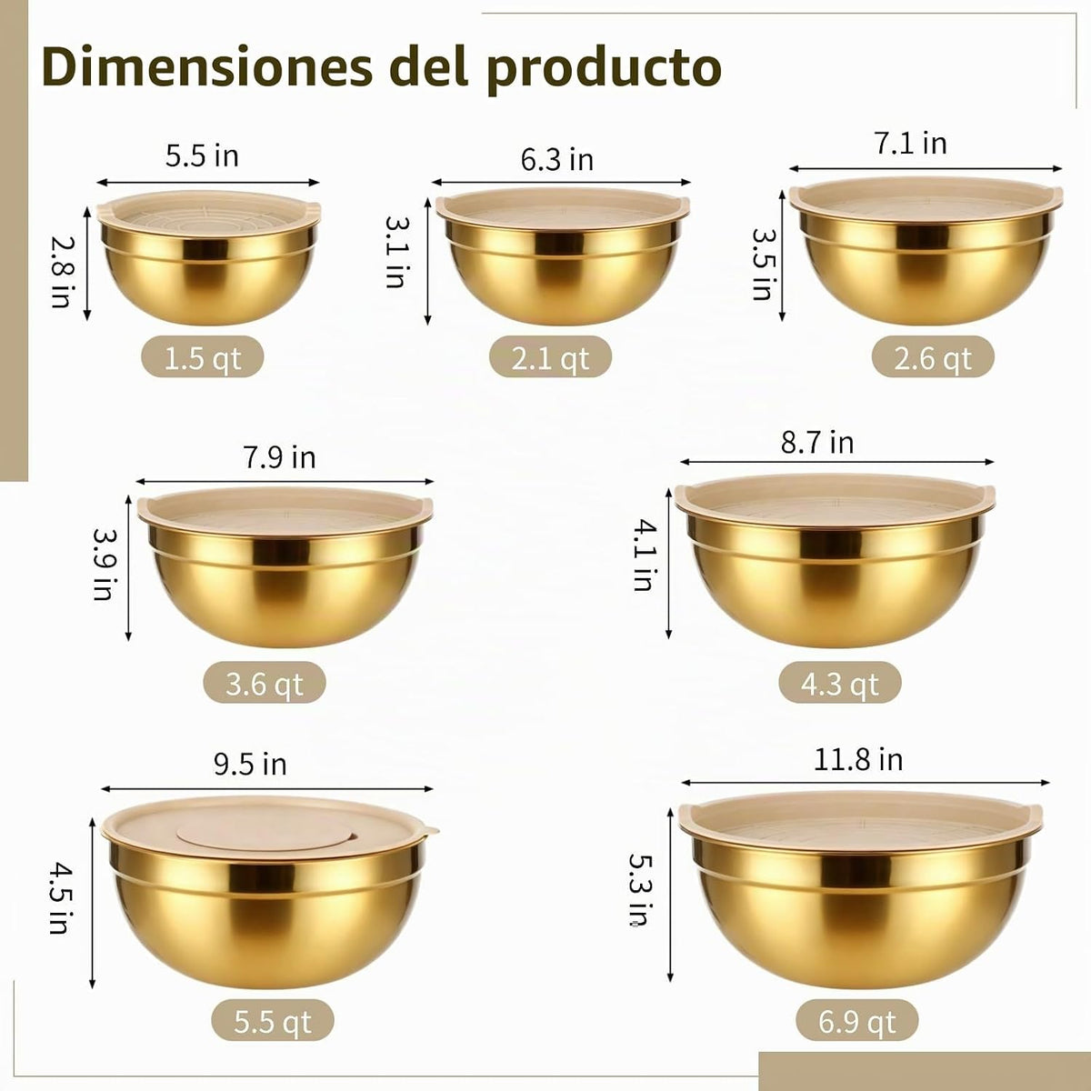 Tideme Juego de 20 cuencos dorados con tapas, 7 tazones para mezcla...
