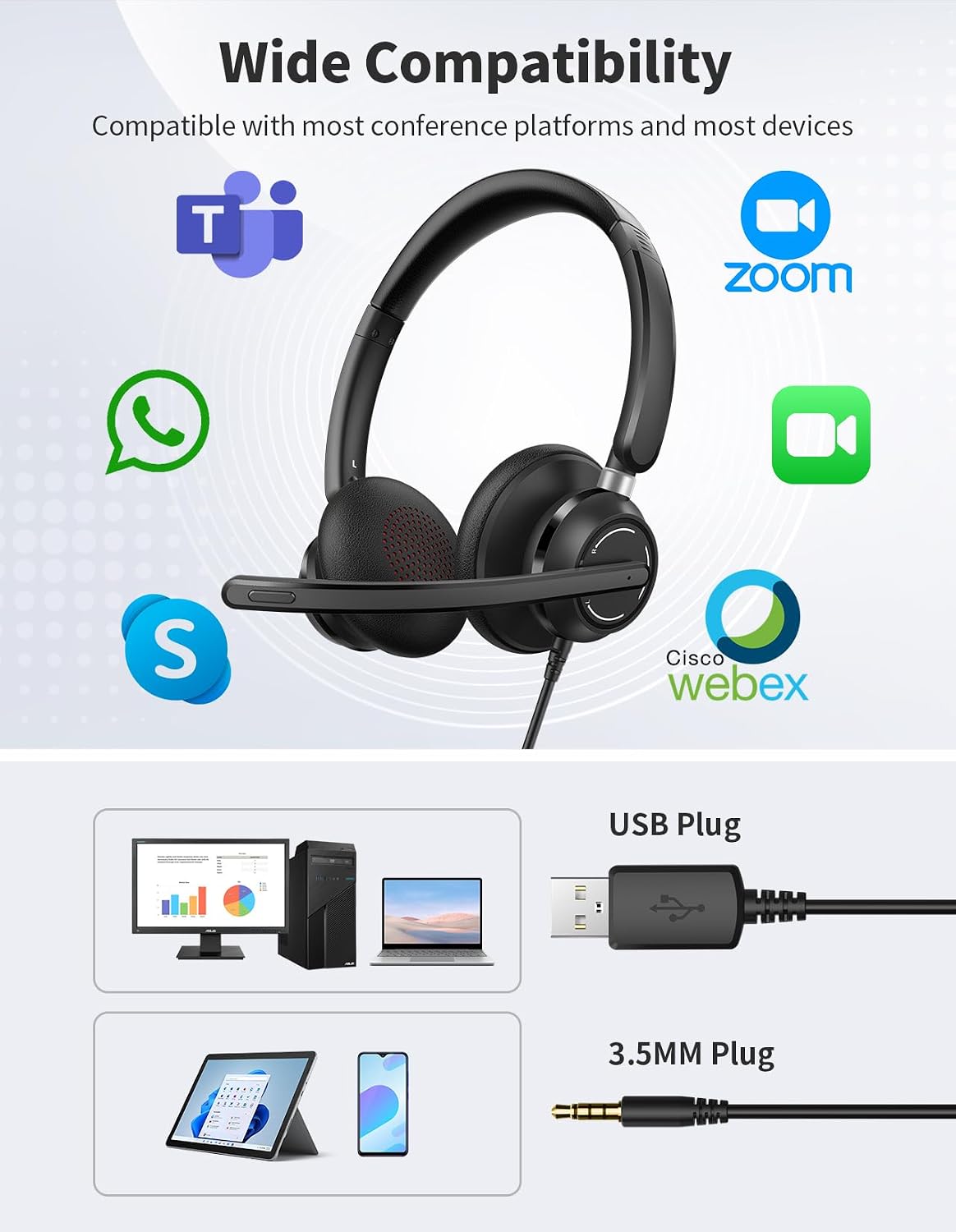 JabNecter Auriculares con cable con micrófono para PC, computadora...