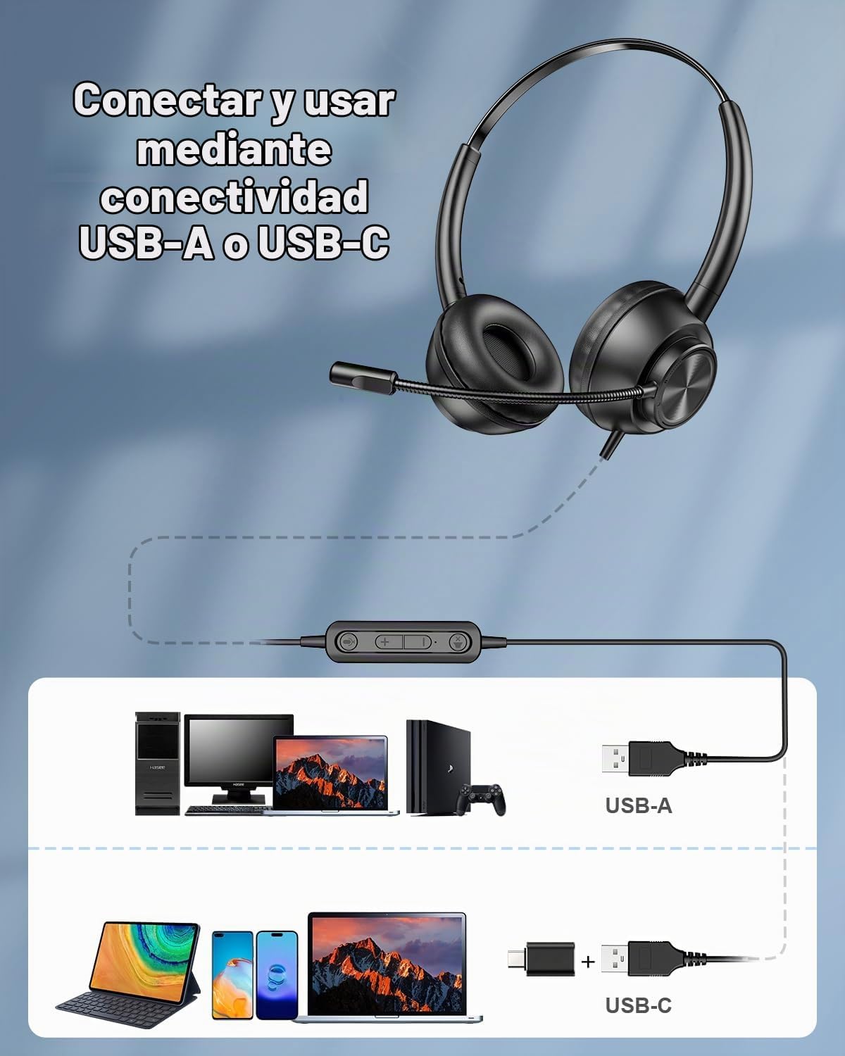Auriculares USB con micrófono para PC, portátil, oficina, teléfono,...