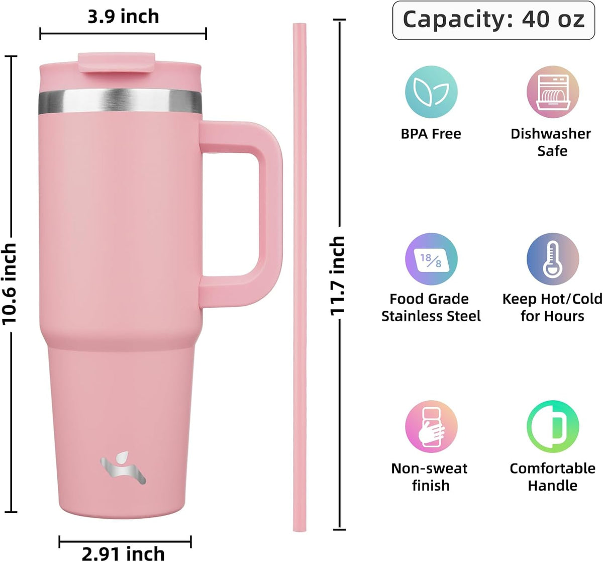 Konokyo - Vaso de 40 onzas con asa y 2 pajillas, botella de agua ai...