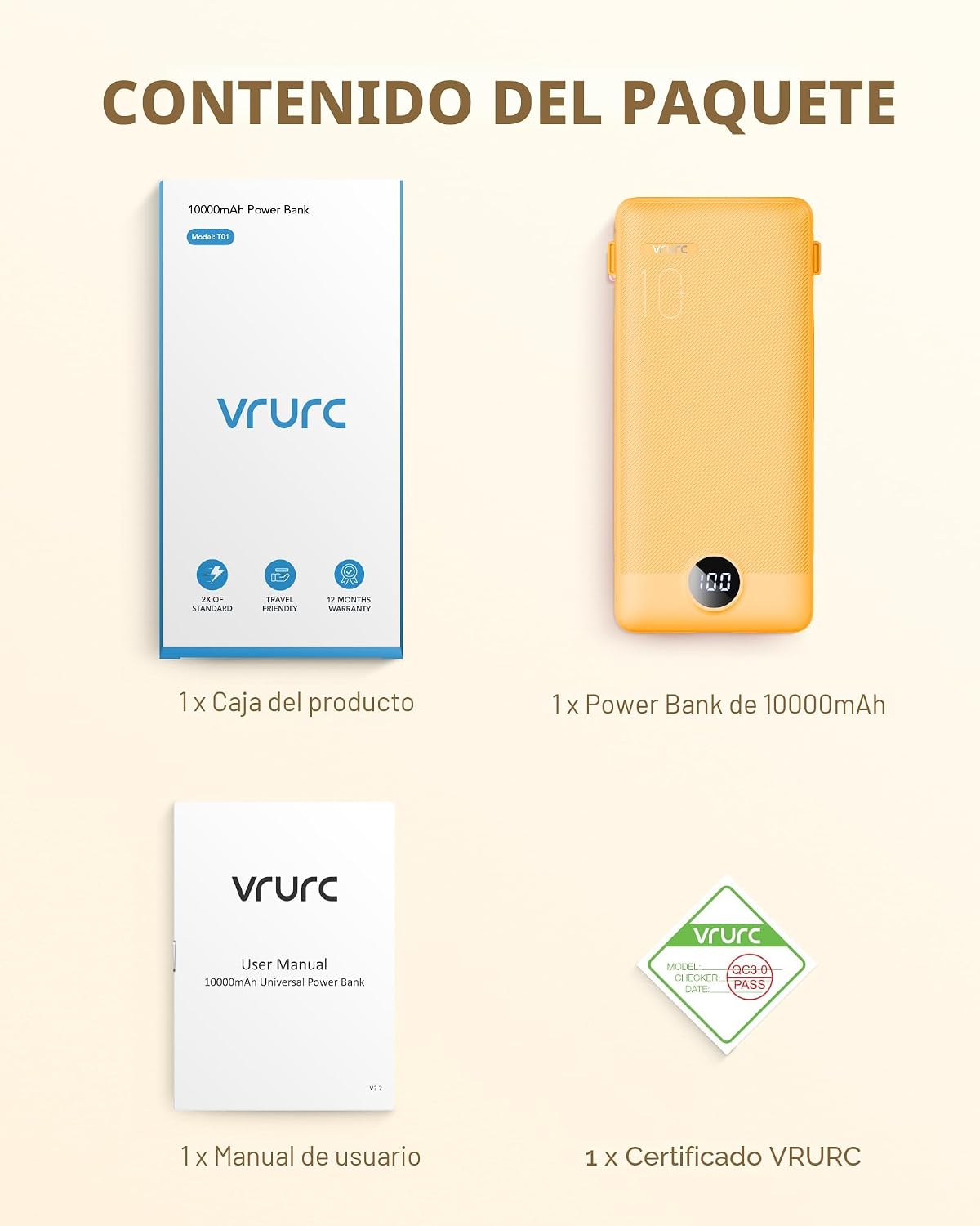VRURC Cargador portátil, cables integrados en el banco de energía y...
