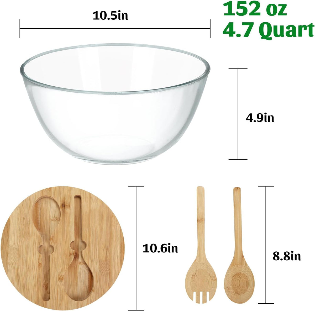 ShineMe Ensaladera de vidrio, cuenco mezclador de 4.7 Qt con tapa y...