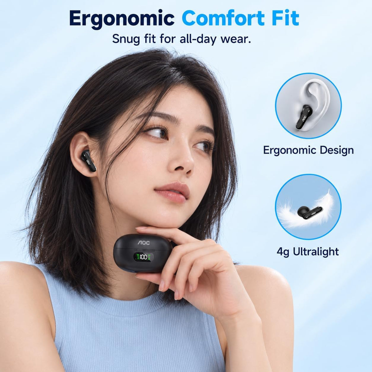 AOC Auriculares inalámbricos, auriculares Bluetooth con cancelación...