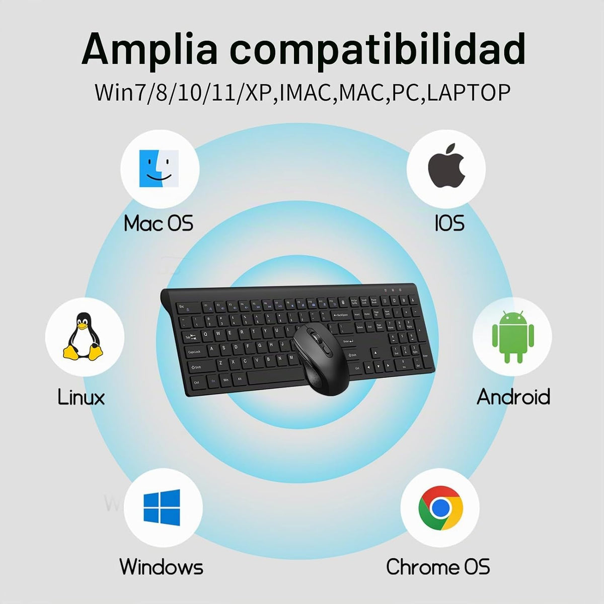Teclado y mouse inalámbricos, teclado delgado de tamaño completo co...