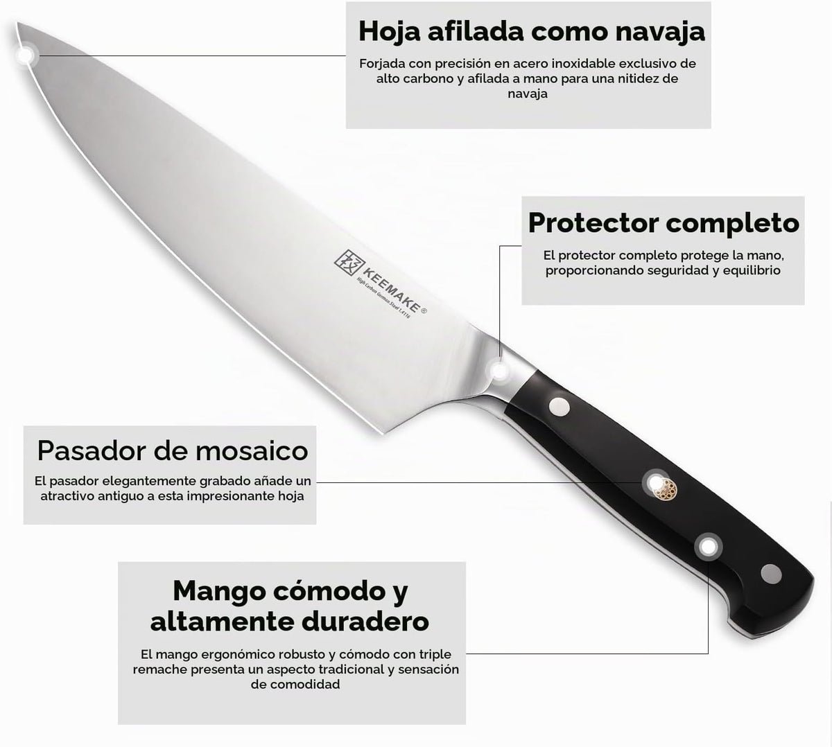 KEEMAKE Juego de cuchillos de cocina, 3 cuchillos afilados de acero...