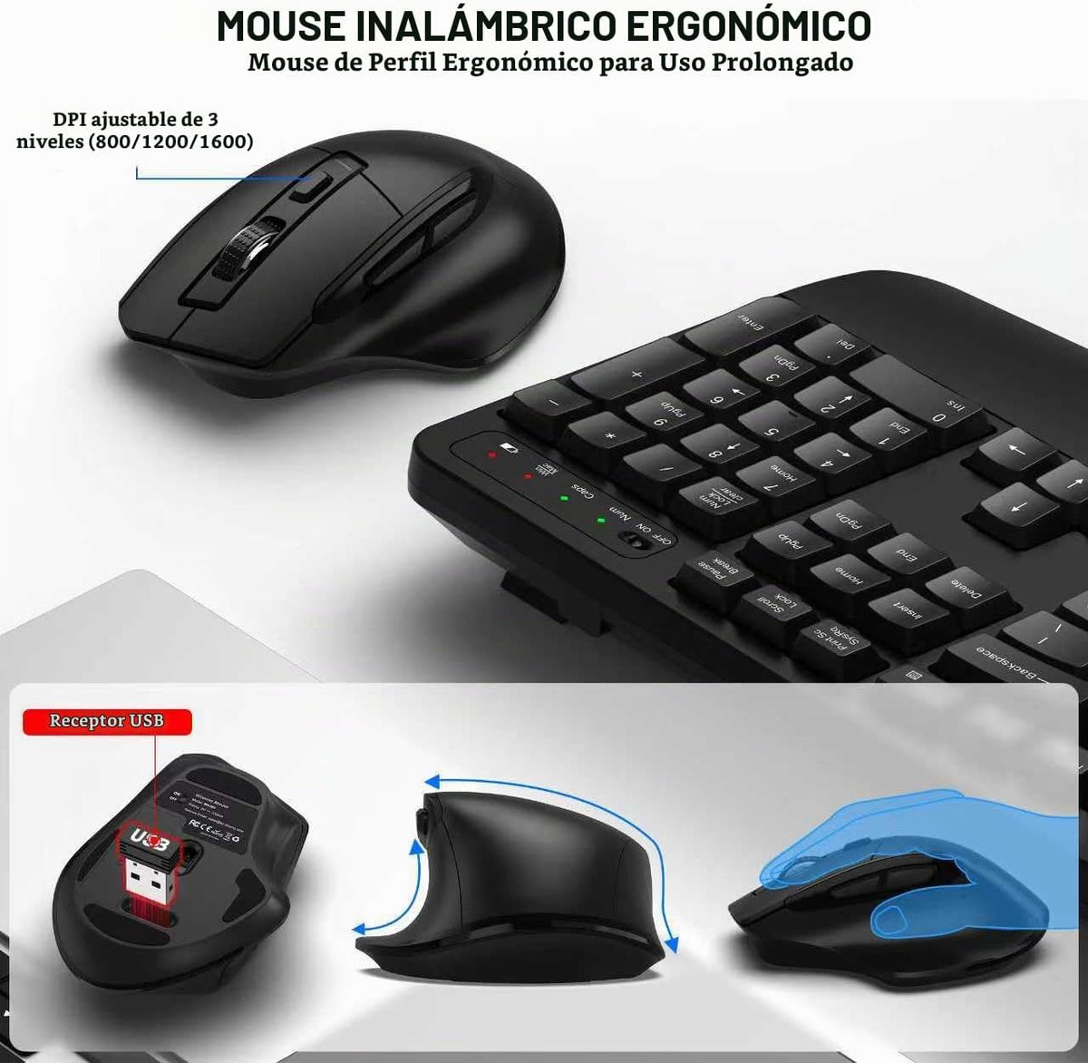Combo de teclado y mouse inalámbricos, teclado ergonómico de tamaño...