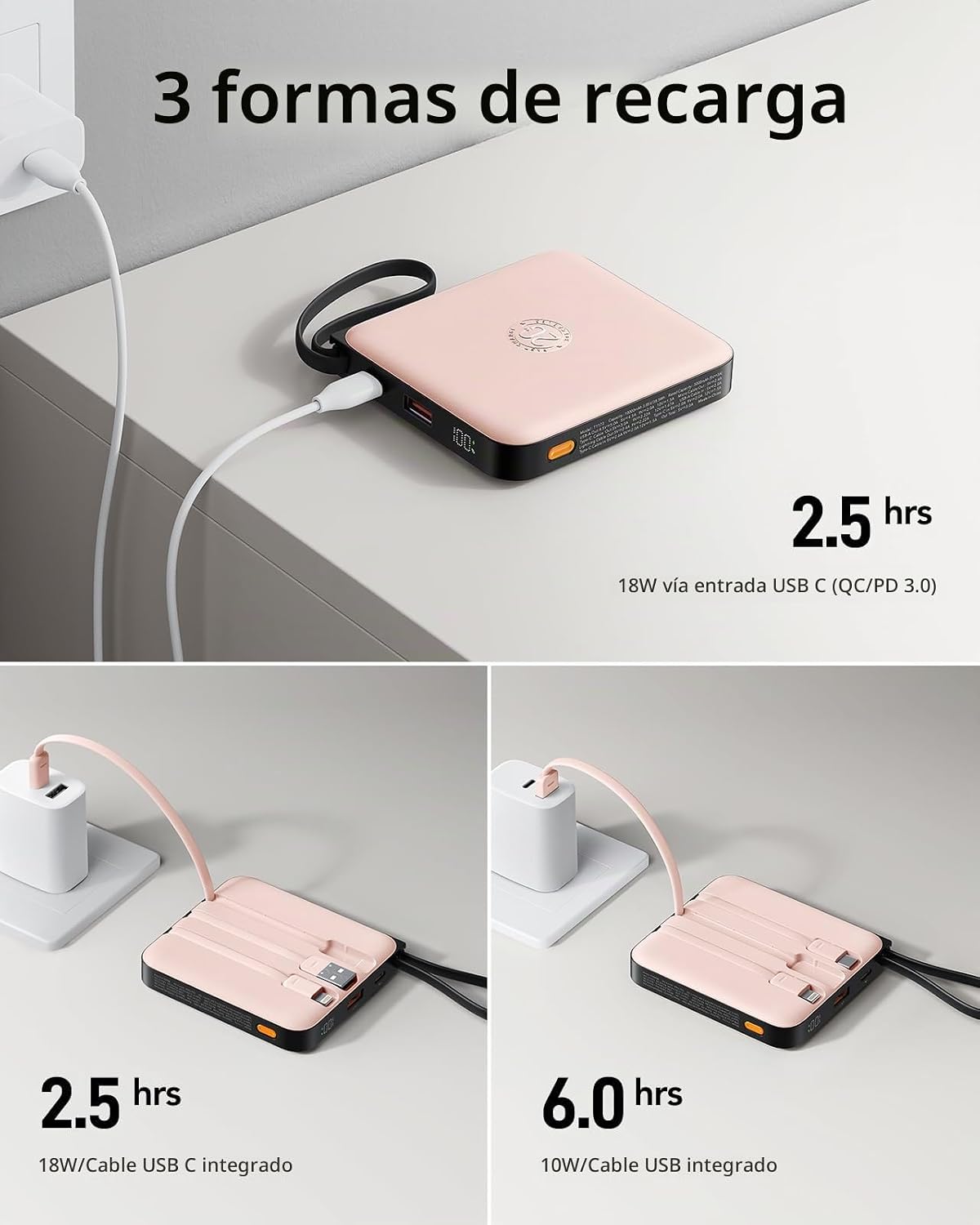 VRURC Cargador portátil para iPhone cables incorporados, banco de e...