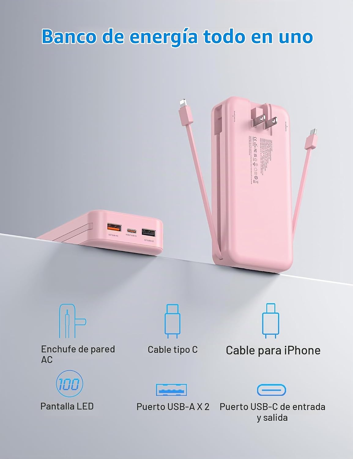 Cargador portátil Ffnpua 20000mAh PD20W con cables incorporados | C...