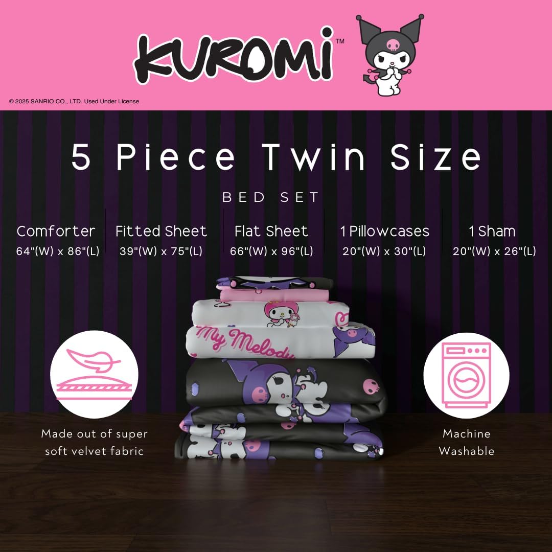 Franco - Juego de ropa de cama Sanrio Kuromi &amp; My Melody 5 piez...