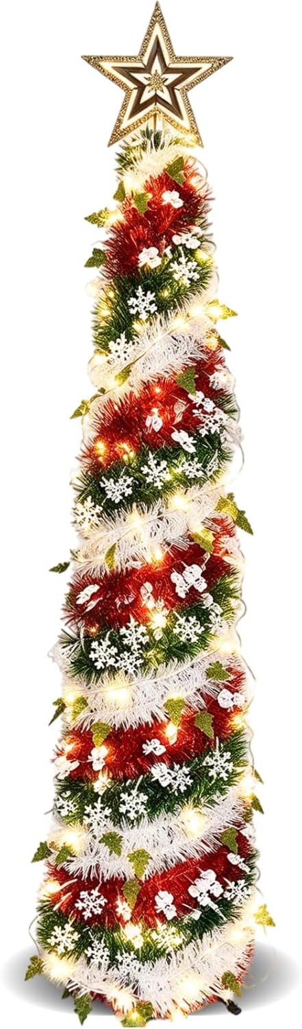 Árbol de Navidad de oropel de 5 pies con 50 luces LED cálidas, pleg...